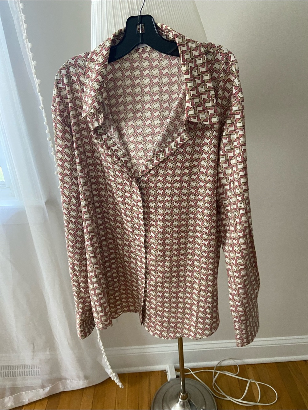 Mango Geometric Print Button-Up Blouse — Pink & Cream